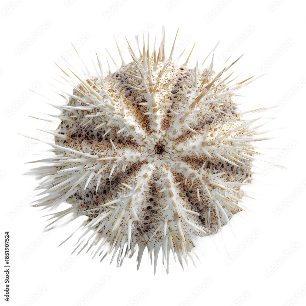 Fototapeta premium Cactus and sea urchin isolated on white background with close-up details of plants and thorns