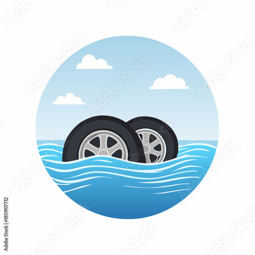 Two car tires floating on the water waves illustration.