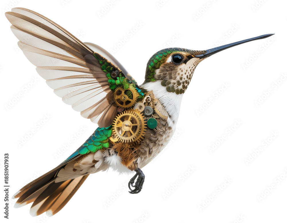 Obraz premium Mechanical hummingbird flight with robotic wings futuristic avian motion technology inspiration engineering illustration isolated on white background