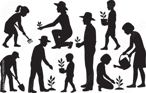 Diverse group of people gardening and planting seedlings