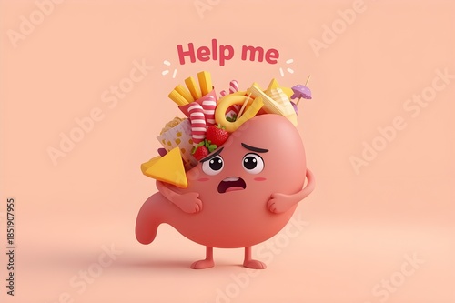 Digestive system health awareness 3D character suffering from junk food and calories