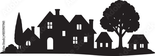 Village houses and trees silhouette