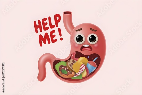 Digestive system health awareness 3D character suffering from junk food and calories