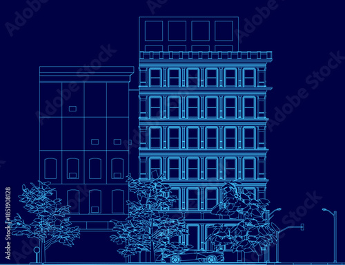 Architectural blueprint of a city road on a blue background, featuring detailed contours of trees, street lights, and a car in the foreground.