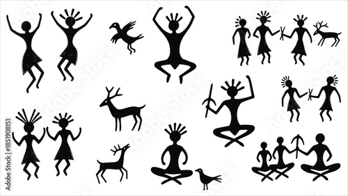 Set of Primitive Ancient Cave Painting Vector Illustrations: Tribal Human Figures, Shamanic Dancers, Deer, and Birds in Black Silhouette Style for Design and Historical Projects
