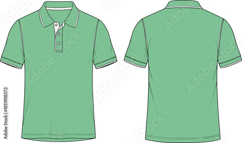 Green polo shirt vector illustration front and back view apparel template for fashion design mockup isolated white background clean modern