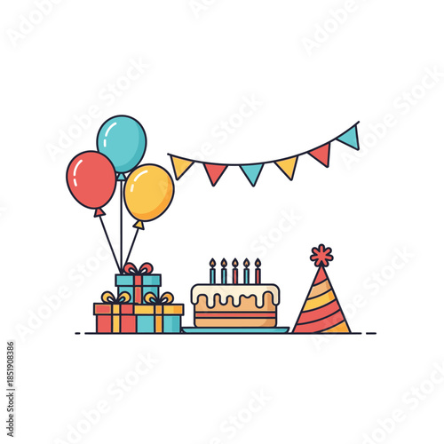 Birthday celebration with cake balloons gifts and party hat.