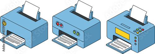 Printer illustration set, office printing machines, paper output devices, document printing concept, business equipment collection, flat cartoon vector style