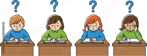 Confused students illustration, children studying at desks, question marks above heads, learning difficulties concept, school education, flat cartoon vector style