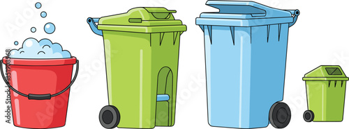 Waste bins illustration set, trash containers and cleaning bucket, recycling and garbage management concept, household sanitation, flat cartoon vector style
