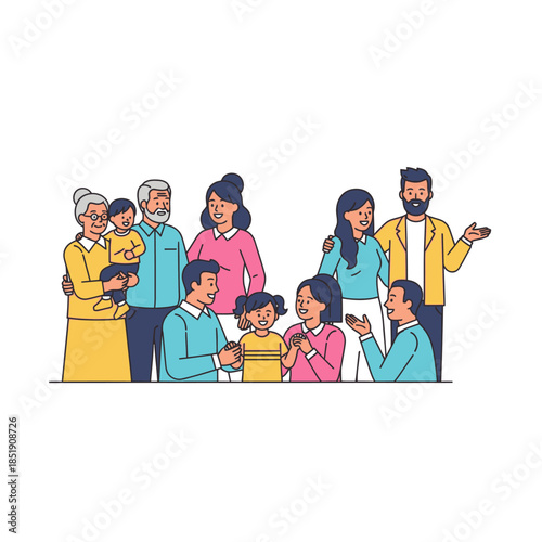 Large diverse family gathering together smiling and interacting happily.