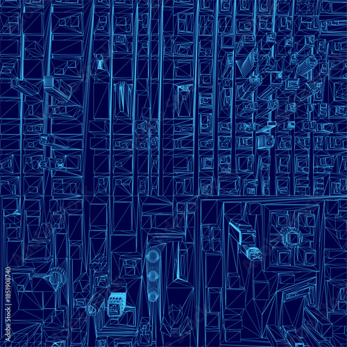 A blue and white architectural wireframe blueprint depicts a densely packed room resembling a bustling cityscape. The space is filled with various objects and framed by numerous windows. Top view