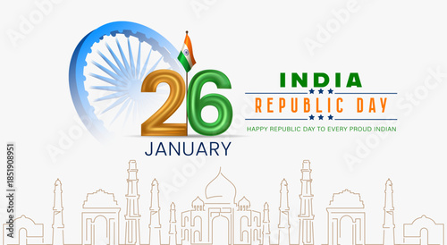 India Republic Day 26 January Design with Ashoka Chakra, Indian Flag Colors and Indian Famous Monument Line Art
