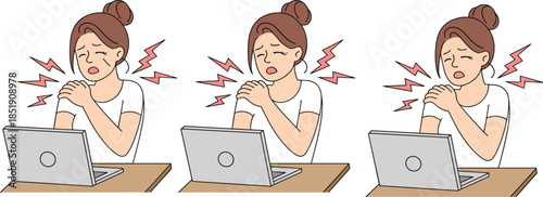 Office worker shoulder pain illustration, woman using laptop, neck and back pain, work stress concept, flat cartoon vector style