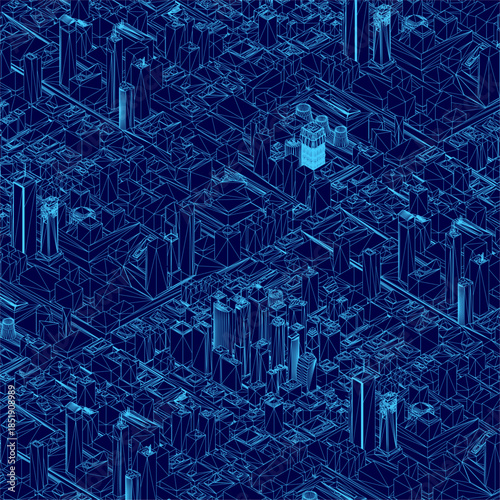 Abstract blue cityscape with a geometric wireframe pattern of skyscrapers. This modern design pack features a clean, minimalist background for business or technology concepts. Isometric view. 3D