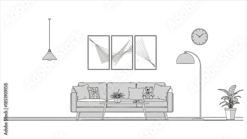 Minimalist Living Room Interior Design Line Art Illustration: Elevation View with Sofa, Lamps, Potted Plant, Framed Wall Art, and Clock, Vector Graphic Asset
