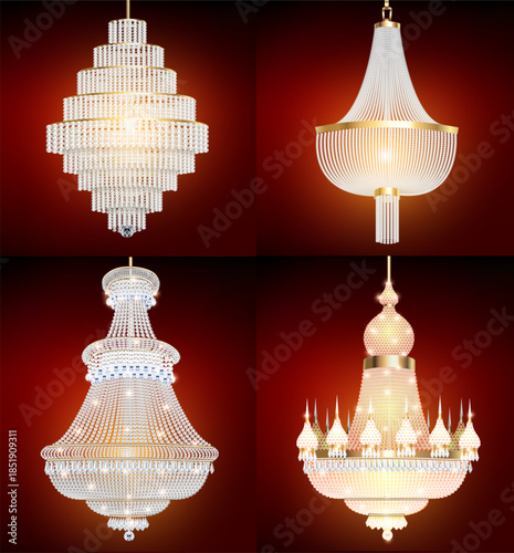 illustration set of vintage crystal chandeliers with pendants