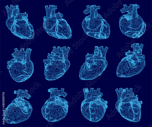 A set of blue anatomical wireframe hearts arranged in a symmetrical pattern on a dark background. Each unique heart shape creates a striking visual contrast.