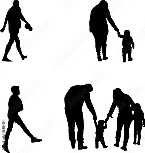 Family Walking Silhouettes on White Background.