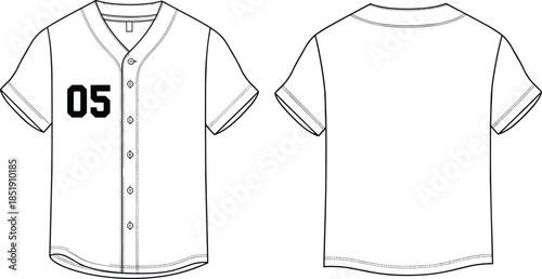 Baseball jersey shirt, front and back view, cad drawing flat vector illustration, sports apparel template, isolated white background
