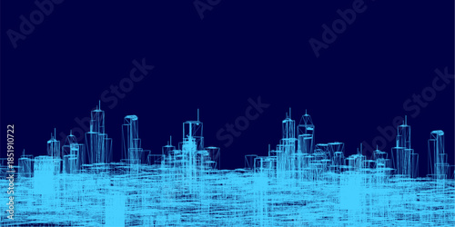 A futuristic wireframe city pack features interconnected buildings against a serene blue background.