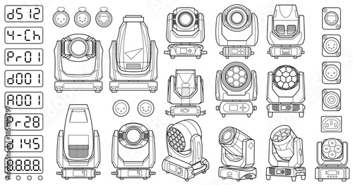 Detailed line art set of professional moving head stage lights with connectors and control panels. Technical vector illustrations for lighting design, concert equipment, and stage production.