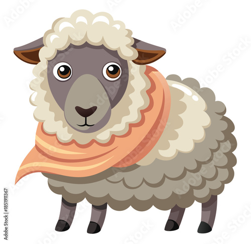 Bild auf Leinwand A charming and fluffy cartoon illustration of a gentle sheep wearing a cozy, sal