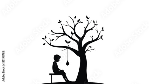 Boy sitting under tree with swing feeling calm and peaceful alone