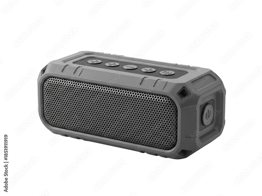 Fototapeta premium Gray waterproof portable Bluetooth speaker with buttons and mesh grille