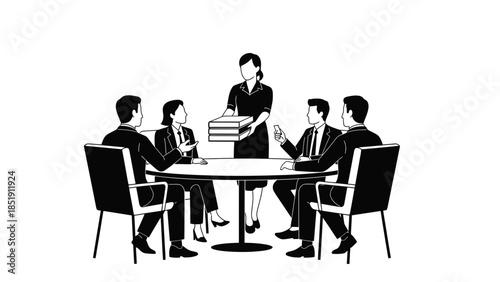 Business team meeting with server providing documents