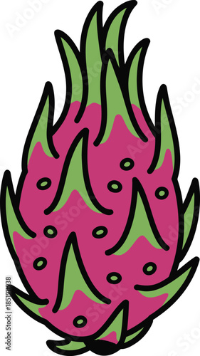 A vibrant cartoon illustration featuring a whole dragon fruit with pink and green colors