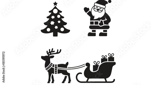 Christmas icons set with Santa, tree, reindeer, and sleigh