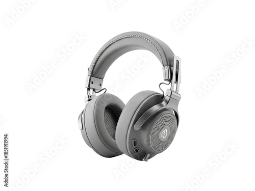 Gray wireless headphones with metal accents and logo on ear cup  modern audio equipment