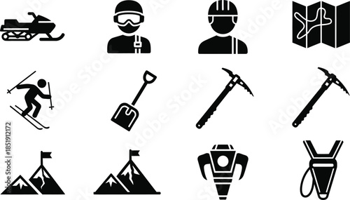 Mining and mountain climbing icons set