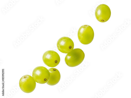 Green grapes falling in a diagonal line on white