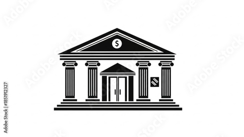 Illustration of a classic bank building with a prominent dollar sign, symbolizing finance, economic stability, and business transactions