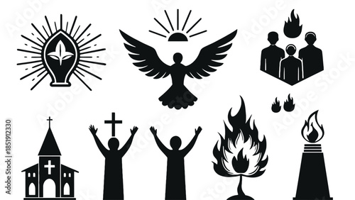 Religious symbols and icons in black silhouette style