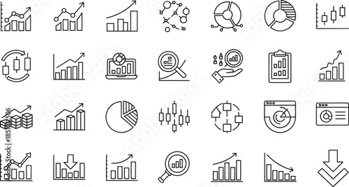 Business data analysis icon set featuring financial growth charts, pie graphs, candlestick trading symbols, statistics reports, and digital marketing analytics.