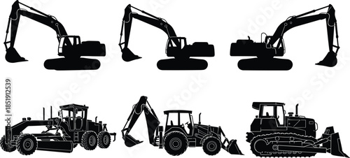 Construction machinery silhouette set featuring heavy equipment icons of excavators, backhoe loaders, bulldozers, motor graders, and industrial earthmoving vehicles for engineering.