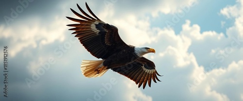 Majestic bald eagle in flight or perched against a dramatic sky, embodying strength, freedom, and an enduring national spirit,  bird,  wild