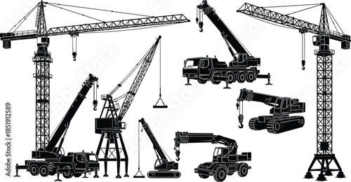 Construction crane silhouette set featuring tower cranes, mobile truck cranes, crawler cranes, hydraulic lifting machinery, and heavy industrial engineering equipment icons.