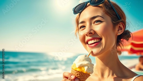 Happy face enjoying ice cream at the seaside under a sunny sky,  lens flare,  young