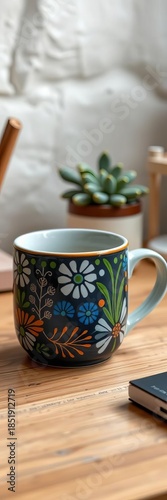 Hand-painted stoneware mug featuring an unexpected pattern, a delightful addition to any desk,  breakfast, mug