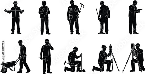 Construction worker silhouettes set featuring land surveyors with tripods, engineers with blueprints, builders with wheelbarrows, and industrial site personnel icons.
