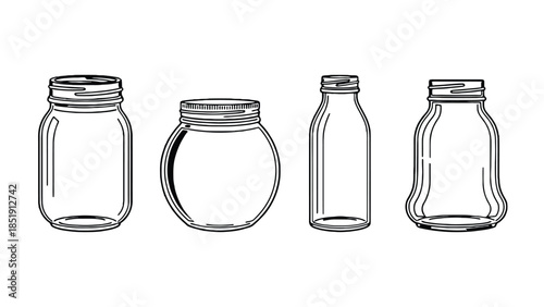 Four empty glass bottles and jars for storage or packaging needs