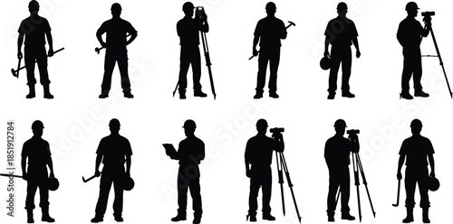 Construction worker silhouettes set featuring surveyors with tripods, engineers holding blueprints, builders with tools, industrial laborers, and professional site personnel icons.