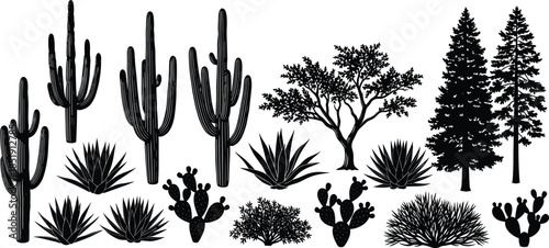 Desert and forest plant silhouette set featuring saguaro cactus, prickly pear, agave succulents, pine trees, deciduous tree, and wilderness shrubs.