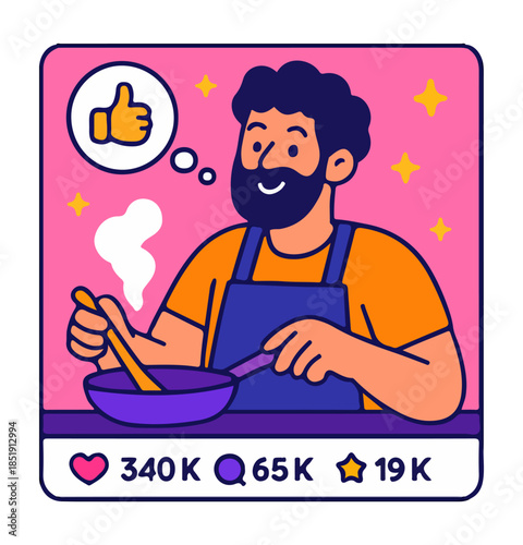 Cooking influencer cartoon chef social media illustration. Food content creator man with pan flat design. Chef character online engagement digital artwork.