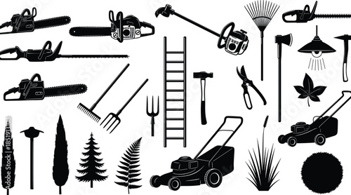Landscaping garden tool silhouette set featuring lawn mowers, chainsaws, ladders, rakes, hedge trimmers, axes, and yard maintenance equipment icons for gardening.
