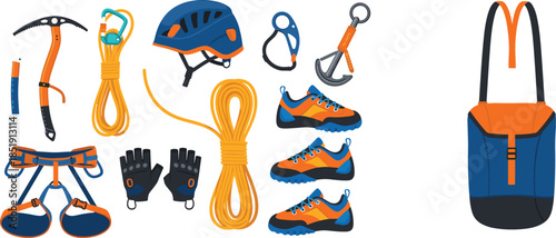 Mountain climbing equipment collection featuring rock bouldering gear, safety helmet, harness, rope, ice axe, carabiners, chalk bag, and outdoor hiking boots.